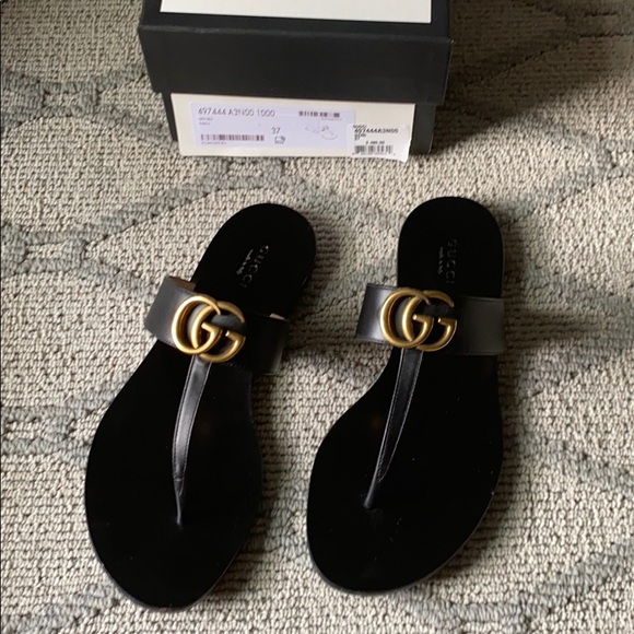 Gucci Shoes - Gucci Black Leather GG Thong Sandals with Gold Double G